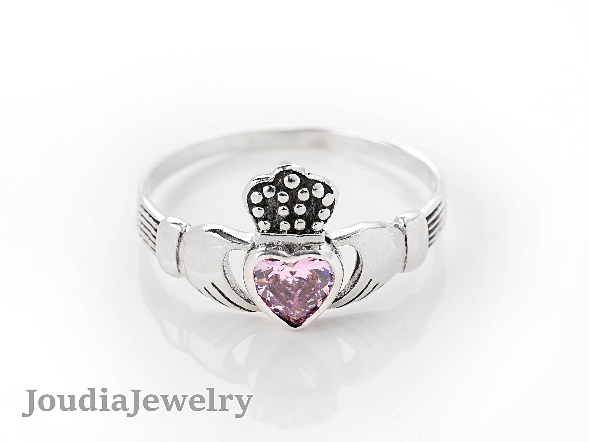 Pink Claddagh Ring | Silver Claddagh Ring | Joudia Jewelry