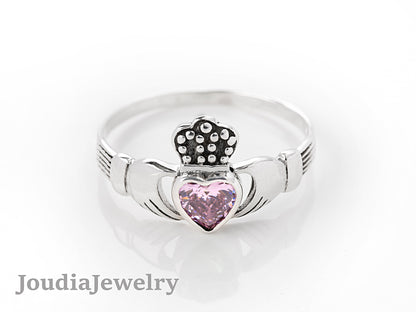 Pink Claddagh Ring | Silver Claddagh Ring | Joudia Jewelry