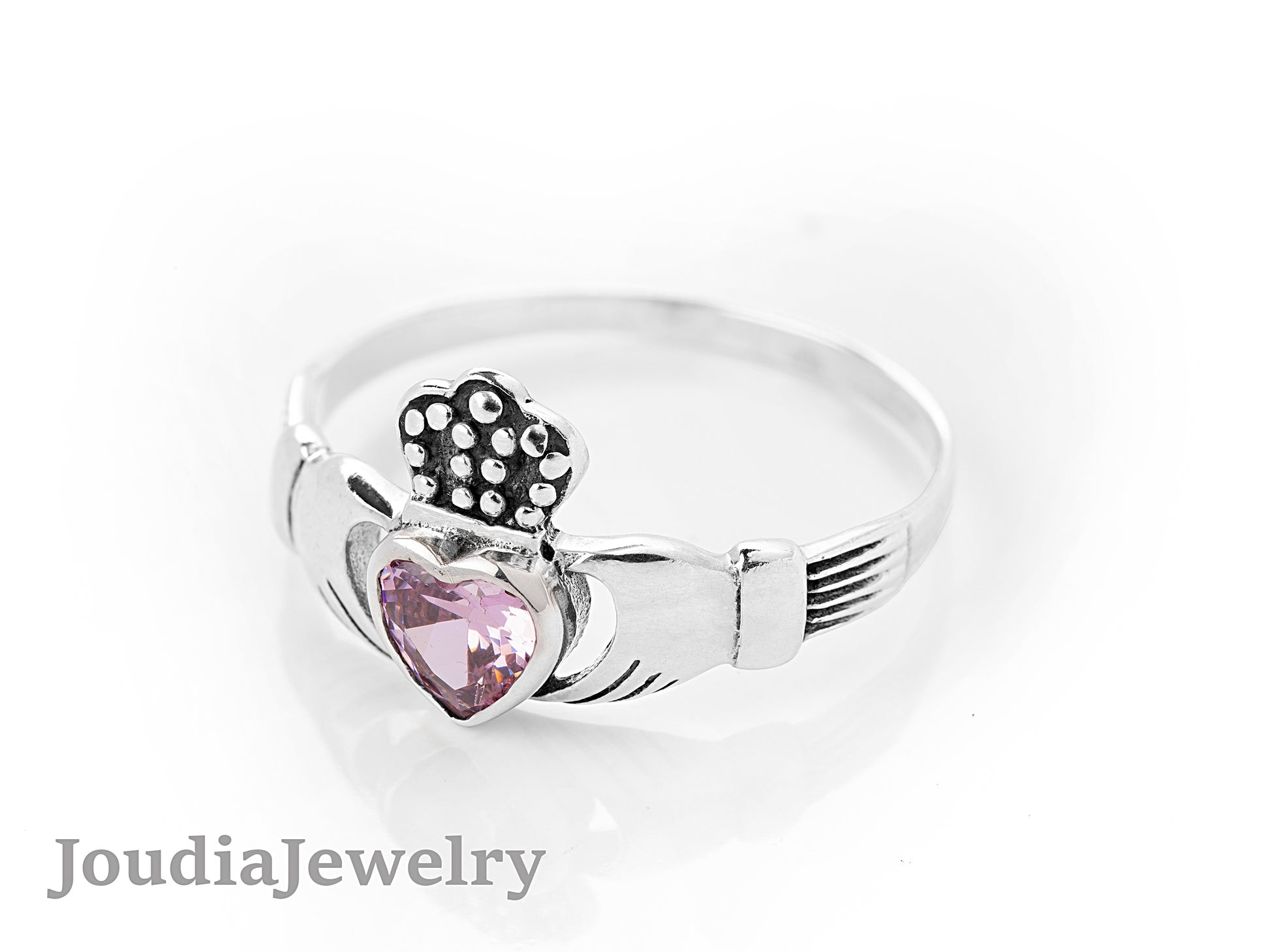 Pink Claddagh Ring | Silver Claddagh Ring | Joudia Jewelry