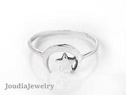 Silver Moon Star Ring | Silver Dome Ring | Joudia Jewelry