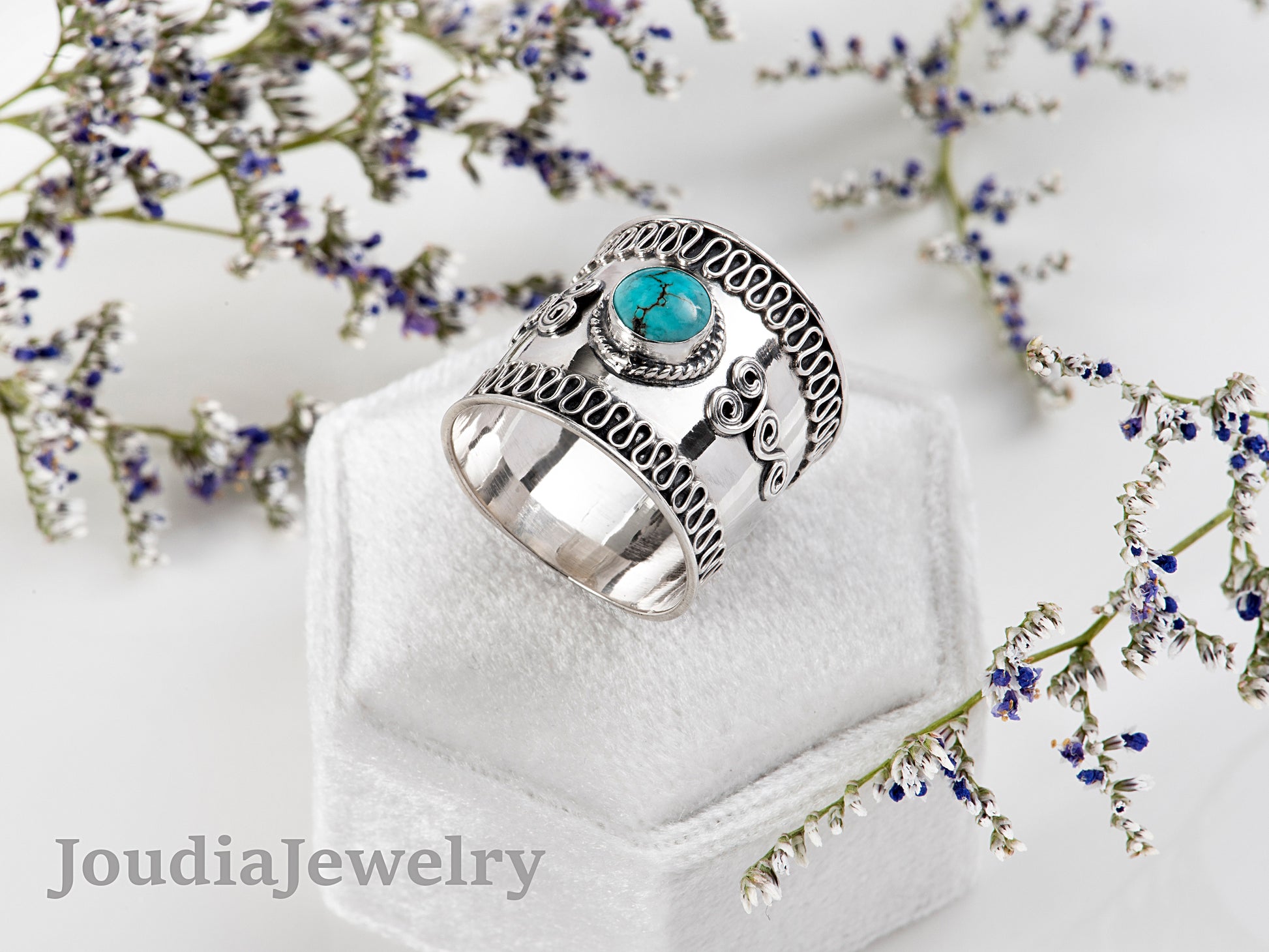 Wide Band Turquoise Ring | Solitaire Ring | Joudia Jewelry