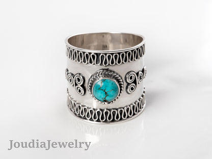 Wide Band Turquoise Ring | Solitaire Ring | Joudia Jewelry