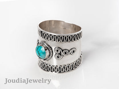 Wide Band Turquoise Ring | Solitaire Ring | Joudia Jewelry