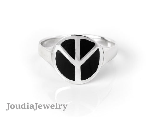 Peace Sign Ring | Black Agate Ring | Joudia Jewelry