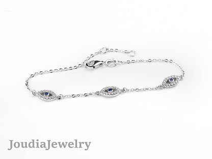 Silver Evil Eye Bracelet | 3 Evil Eye Bracelet | Joudia Jewelry