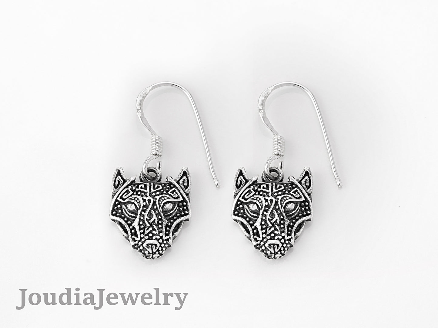 Sterling Silver Wolf Earrings | Wolf Face Earrings | Joudia Jewelry