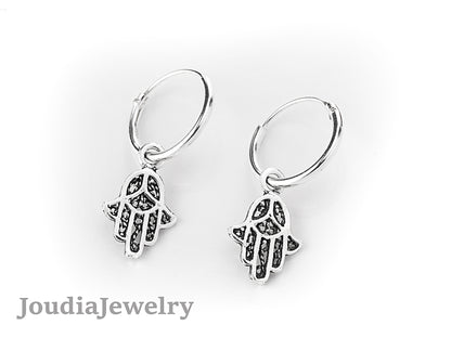 Silver Hamsa Earrings | Hamsa Drop Earrings | Joudia Jewelry