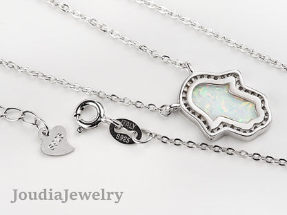 Collier Hamsa Opale Blanche - Argent 925